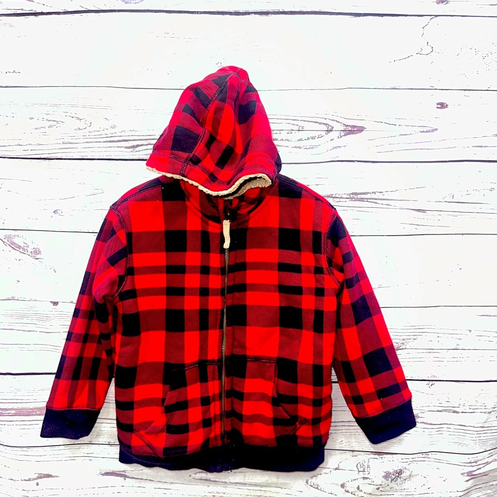 Lands End Red & Black Flannel Fleece Lined Zip Up Hooded Jacket Size 4t